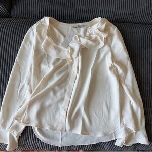 LOFT Cream Ruffled Collar Silk-Like Blouse - Women's Top